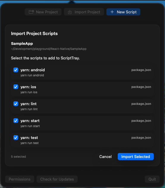 View showing imported package scripts and discovered file-backed entries before they are added to ScriptTray.