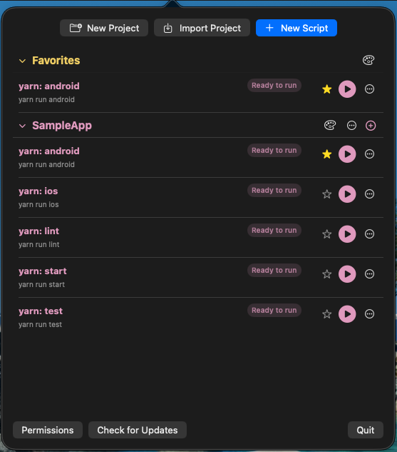 ScriptTray library view showing saved scripts grouped by section.