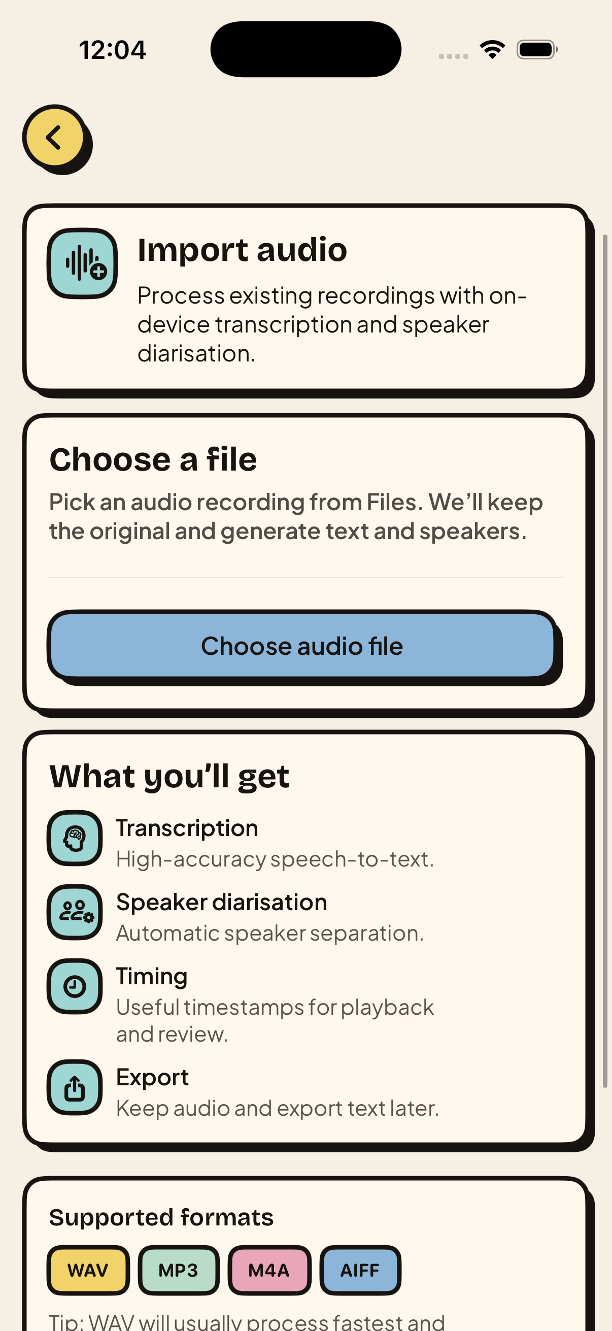 Seda iPhone import screen for bringing existing audio into the transcription workflow.