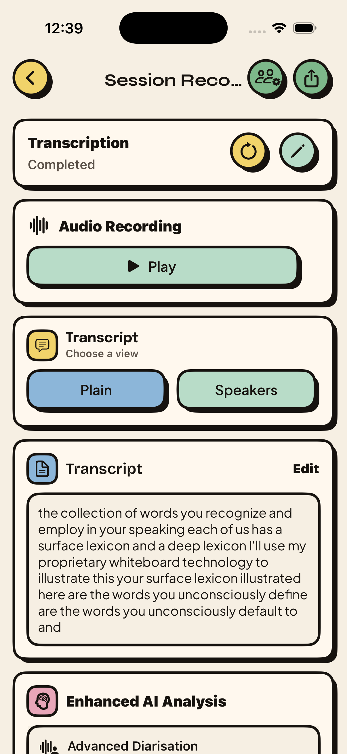 Seda iPhone recording setup screen for starting a new live transcription session.