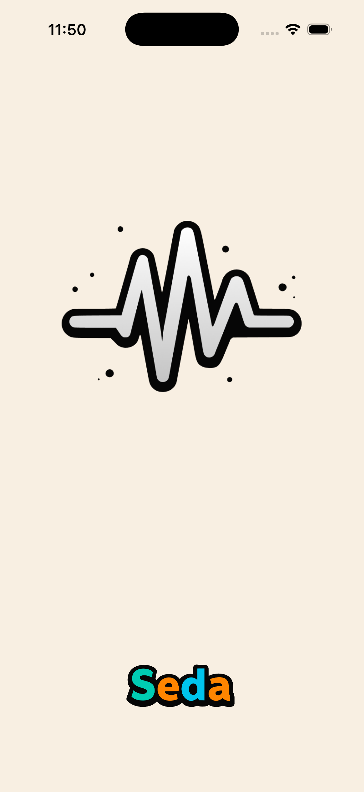 Seda iPhone splash screen with the app wordmark on a warm orange background.