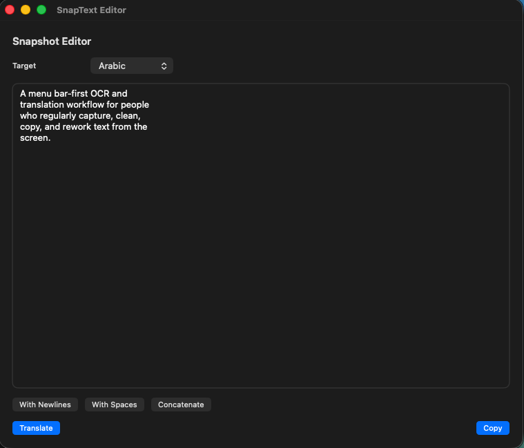 View showing saved snapshots with edit controls and text formatting options for newlines, spaces, and concatenation.