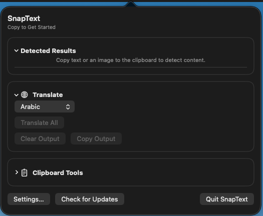 View showing the SnapText empty state before OCR snapshots are created.