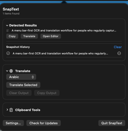 SnapText capture view with OCR output inside the menu bar interface.